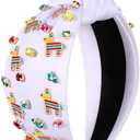 Mexican Headband for Women Cinco De Mayo Headband Beaded Fiesta Knotted Hairband Embellished Rhinestone Crystal Wide Top Knot Hairband Mexican Holiday Hair Accessory Party Favors Gifts (Pinata White)