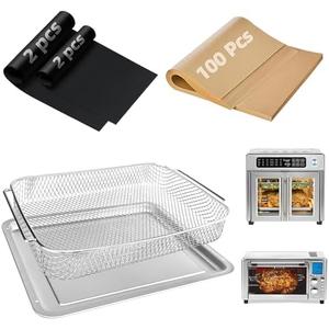 Air Fryer Accessories for Emeril Lagasse 26 Qt Extra Large & Everyday 360, Emeril Lagasse Air Fryer Basket and Pans for Oven with 100Pcs Disposable Parchment Paper, 4Pcs Reusable Teflon Mat