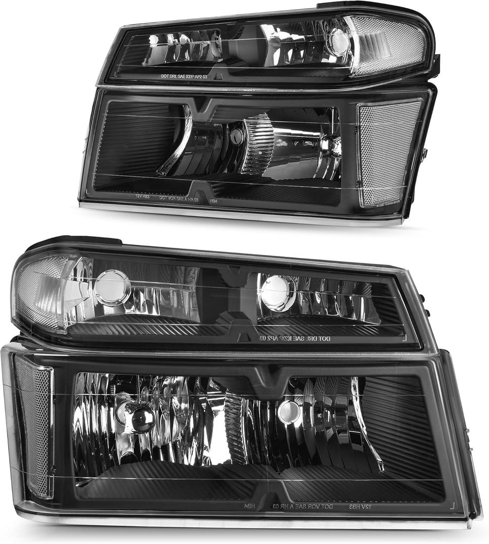 AUTOSAVER88 Headlight Assembly Compatible with 2004-2012 Chevy Colorado/ 04-12 GMC Canyon / 2006-2008 Isuzu i-Series Black Housing with Clear Reflector + Bumper Lights