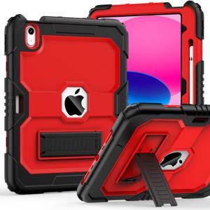 MARIWIVI Case for iPad (A16) 11th Gen 11 inch 2025/ i Pad 10th Generation 10.9 inch 2022 with Pencil Holder/Built-in Stand, Shockproof Rugged Protective Cover for iPad 11th/ 10th Gen (Black+Red)