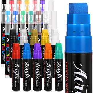 24PCS Acrylic Paint Markers 15mm Jumbo Graffiti Markers and Soft Brush Tip Acrylic Paint Pens, Waterproof and Permanent Ink Paint Pens Poster Marker for Canvas Board Fabric and DIY Crafts