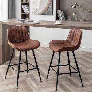 Brown Bar Stools Set of 2, Fabric Upholstered Barstools Armless, 24 in Bar Stool Bar Height, Black and Brown Barstools for Home Bar, Coffee Bar., Large