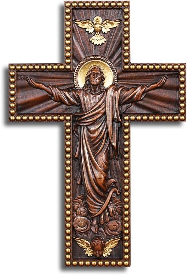QIADGE Exquisitely Carved Ascension of Jesus Cross, Vintage Religious Wooden Statue, Wall Hanging or Tabletop Home Decor (13.7 * 10.7 in)