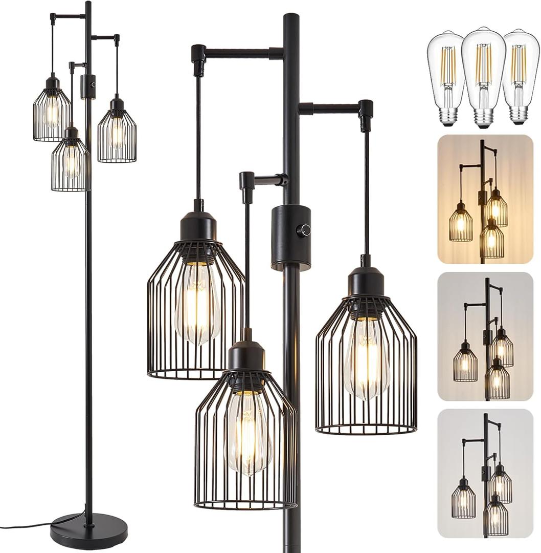 Dimmable Floor Lamp for Living Room, Farmhouse Floor Lamps with Elegant Hanging Cage, 3 x LED Edison Bulbs Included, 68.5" Industrial Standing Light for Bedroom Office Home Decor (Black)