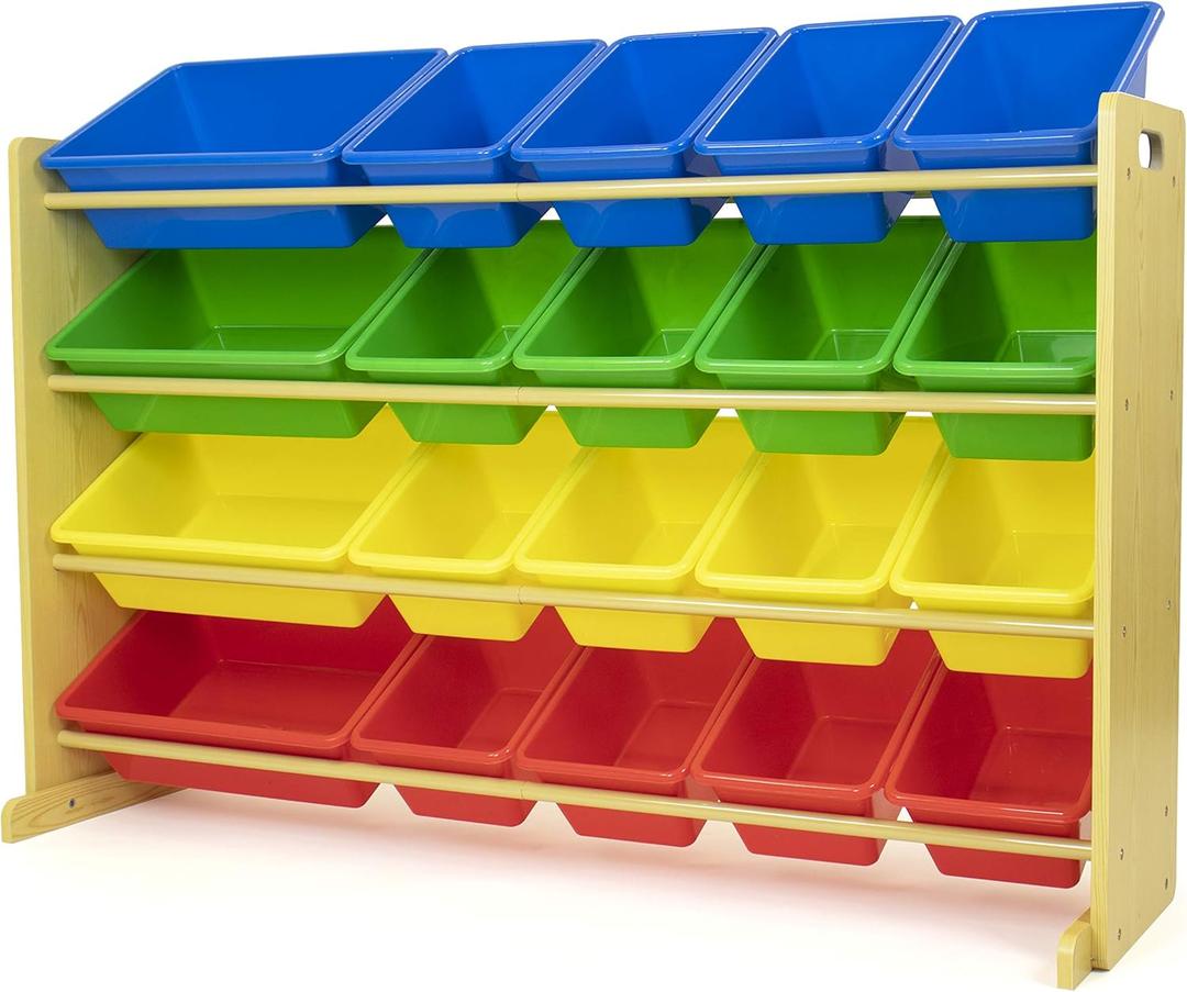 Humble Crew Extra-Large Toy Organizer with 20 Plastic Bins  Primary/Natural Storage Rack with 4-Tier Shelves, Anti-Tip Safety, for Kids Rooms, Playrooms, Nurseries & Classrooms