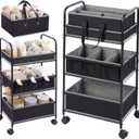 Honeydak 2in1 Baby Diaper Caddy Organizer Cart 3 Tier Large Capacity Metal Utility Bedside Rolling Cart with Divider for Newborn Nursery Essential Must Have for Crib Bedroom Baby Shower(Black)