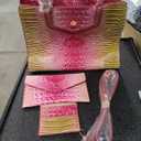 Women Embossed Pattern Satchel Handbags Wallet 3 pcs Set Crossbody Tote Top Handle Vegan Leather Ladies Bag (Acolorful Rose + Green)