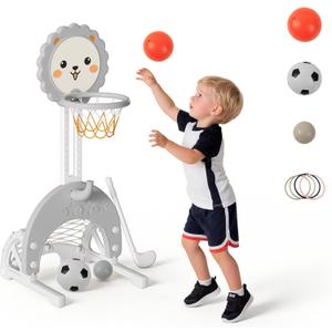 4-in-1 Toddler Basketball Hoop Adjustable Height Indoor Outdoor Sports Center for Kids Aged 1-3 Basketball, Soccer, Hockey & Ring Toss, Grey and White