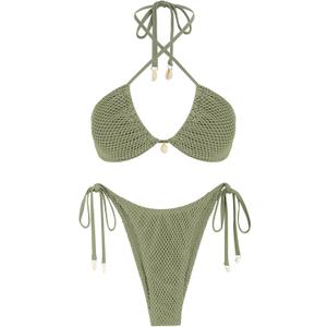 ZAFUL Women's Bikini Set Fishnet Triangle Tie Convertible Collar Halter Bandeau Shell Two Piece Bathing Suit (XL)