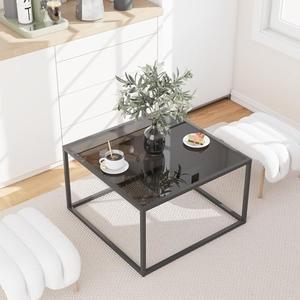 YMYNY Glass Coffee Table, Tempered Glass Square Coffee Tables With Metal Frame, Unique Modern Table for Living Room Home Office 68 x 68 x 40CM, Black, HCT001B