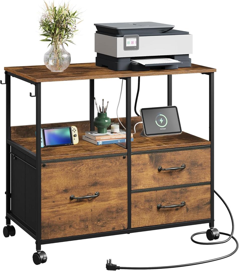 DEVAISE Lateral File Cabinet Rolling Printer Stand with 2 Open Storage Shelf, 3 Drawer Storage Organizer with Wheels Adjustable Shelf for Home Office Small Space, Rustic Brown