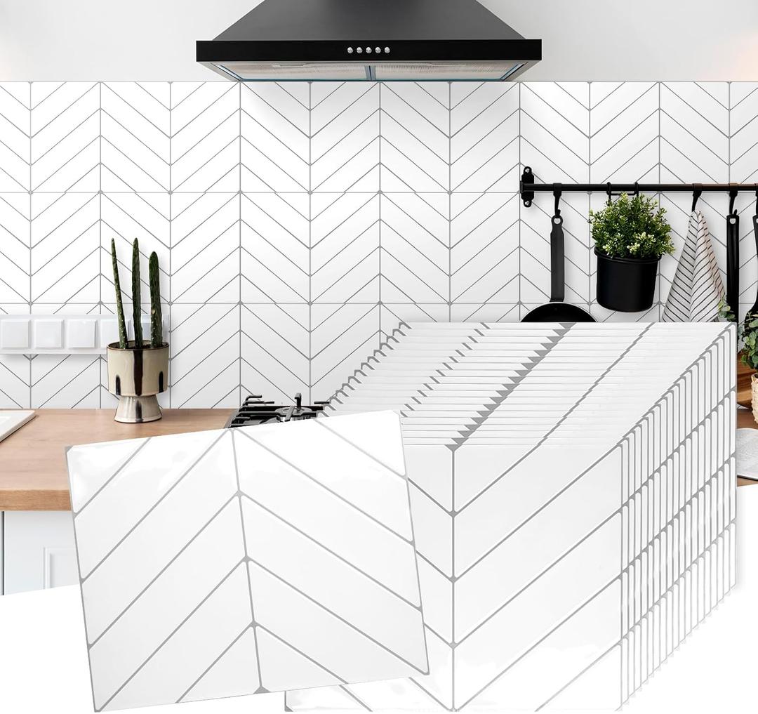 20 Sheets Herringbone Tile Sticker, Peel and Stick Backsplash for Kitchen, 2.5mm Thick Self Adhesive Wall Tile with Grey Grout, Waterproof Stick on Backsplash for Bathroom, RV, White