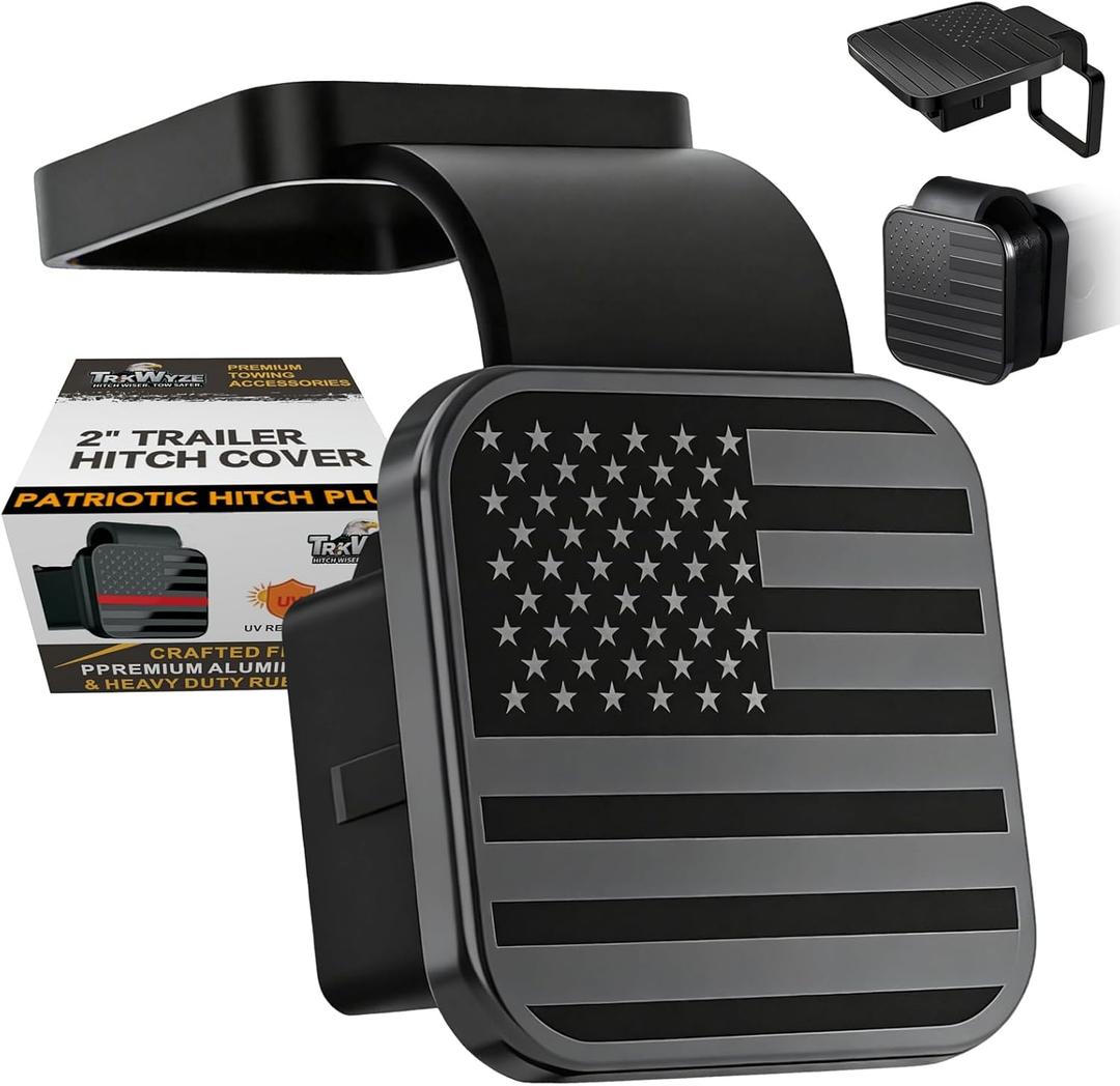 2 Hitch Cover, CAR-WASH-Safe Flag Hitch Cover, Metal Plate American Flag Trailer Hitch Receiver Cover, Heavy-Duty Anti-Rattle Hitch Plug (Black)
