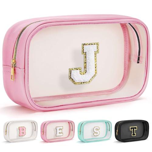 YOOLIFE Gifts for Kids Girls | Initial Travel Essentials Makeup Bag, Clear Toiletry Bag Pouch Cosmetic Bags Case Large Makeup Bags Pink Birthday Gifts for Women Teacher Mom Teen Friends J