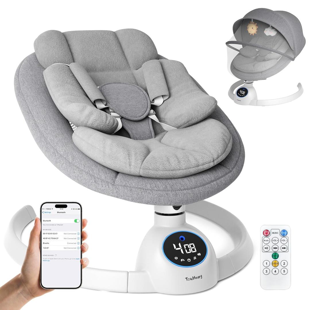 Electric Baby Swing with 5-Speed Motion & Vibration, Bluetooth Music, Remote Control, 10 Preset Melodies, Portable Baby Rocker for Newborns, Max 20 Lbs, 0-6 Months, Aluminum Frame (Gray)