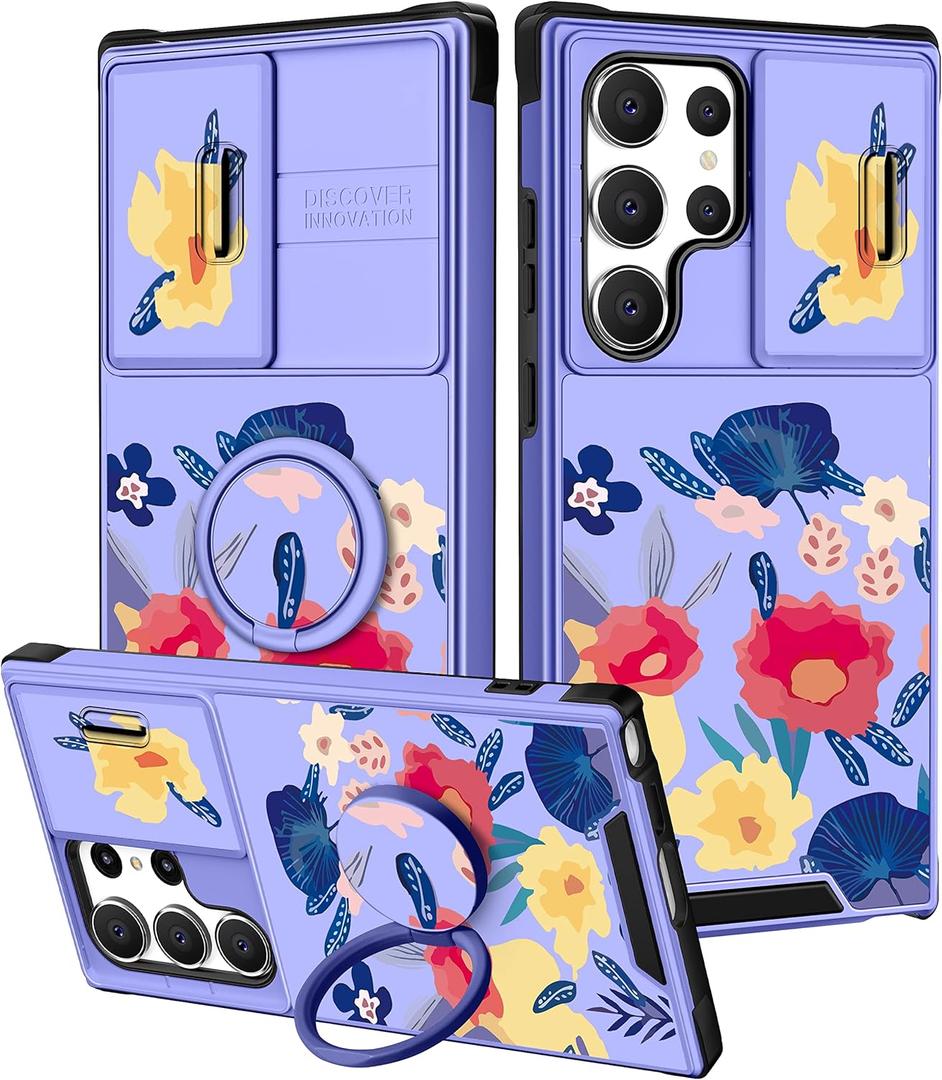 Goocrux (2in1 for Samsung Galaxy S23 Ultra Case Floral for Women Girls Flowers Girly Phone Cover Cute Purple Flower Design with Slide Camera Cover+Ring Holder Unique Cases for S23 Ultra 5G 2023 6.8'' (Red Yellow Flower)