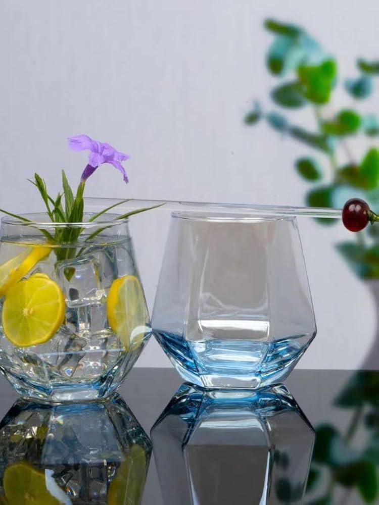 2 Piece 17.7 Oz  Blue Facet Dof Glass Set