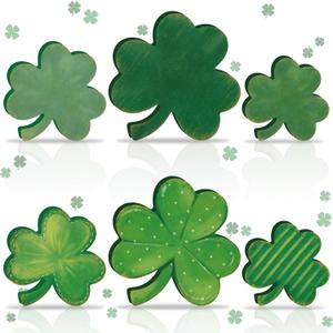Wenqik 6 Pcs St. Patrick's Day Wooden Signs Clover Shamrock Wooden Table Centerpiece Decoration Green Farmhouse Wood St Patricks Day Tiered Tray Decor for Holiday Fireplace Home (Cute)