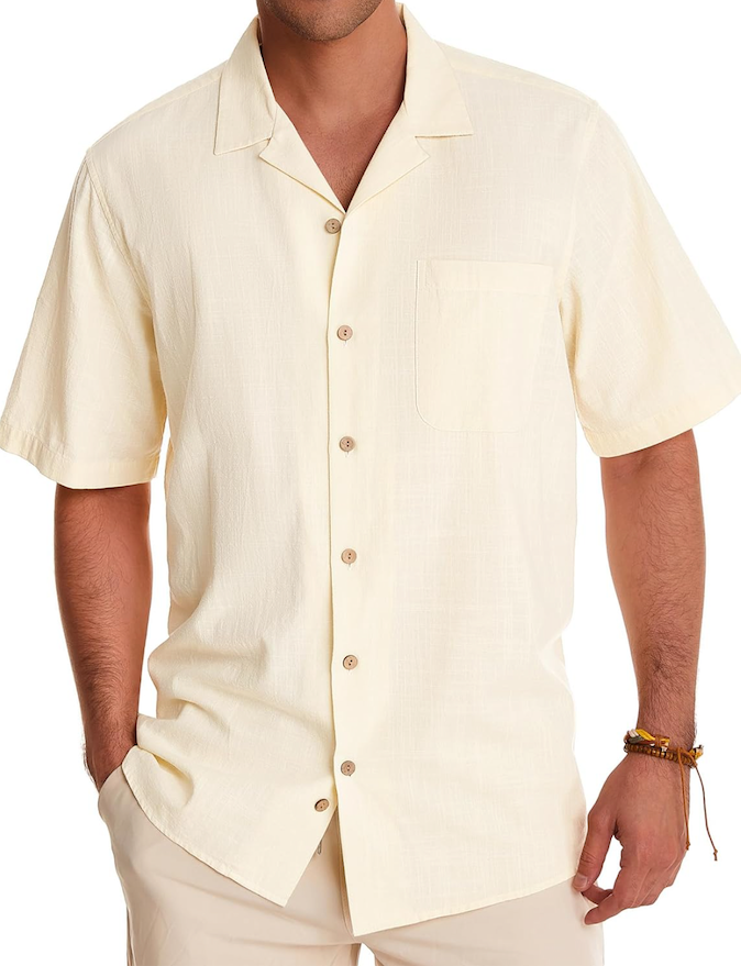 Alimens & Gentle Cuban Linen Shirts for Men Short Sleeve Button Down Shirt Cotton Summer Beach Camp Vacation Hawaiian Shirts Large
