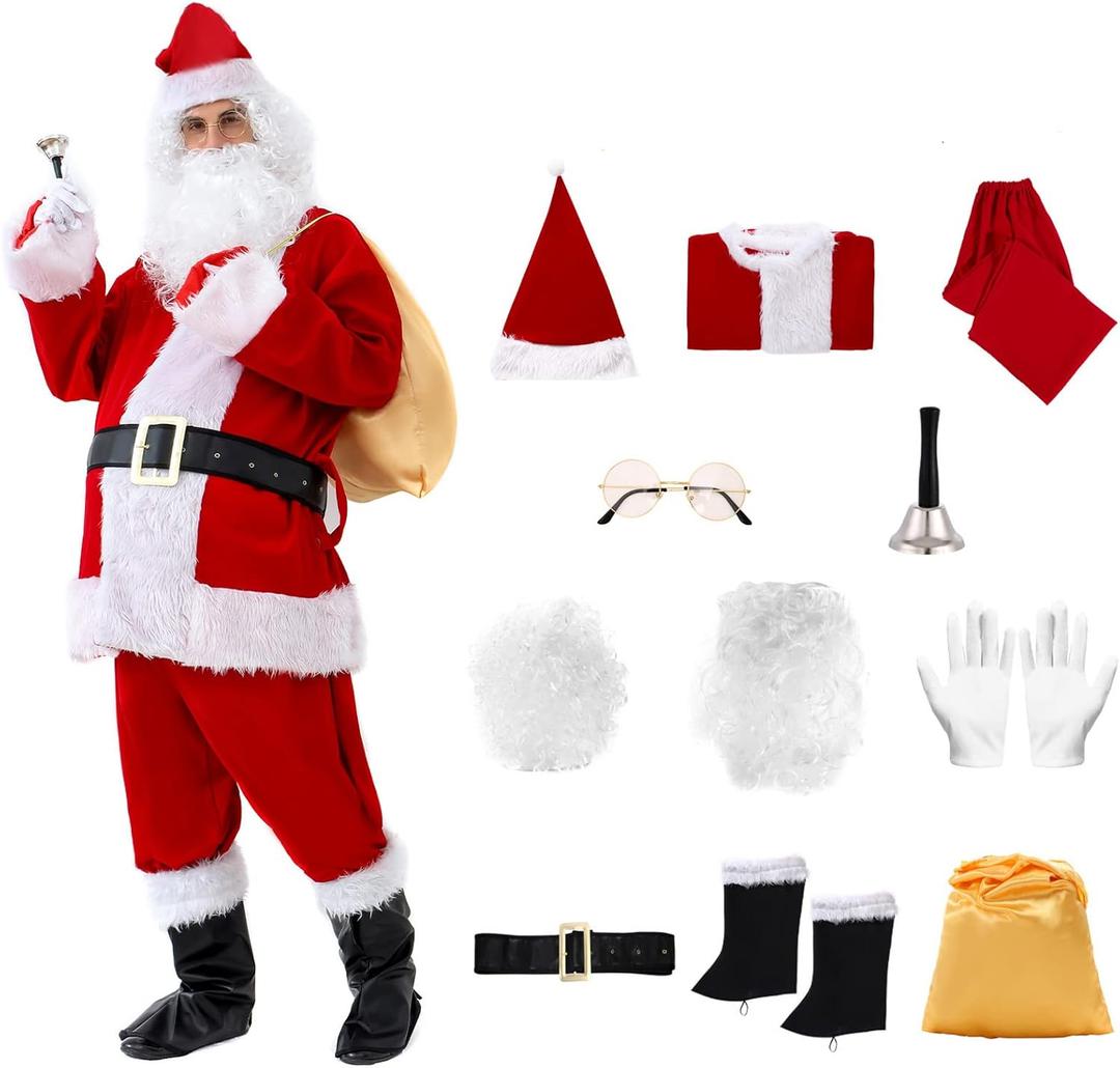 11pcs Men's Deluxe Santa Suit Velvet Christmas Adult Santa Claus Costume (Red, XXX-Large) (Red, XXXL)