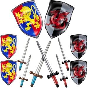 Poen 12 Pcs Inflatable Sword and Shield Knight Party Favors Set Blow up Medieval Sword Shield for Prince Party Favors Decorations Cosplay Accessories (Lion, Dragon)