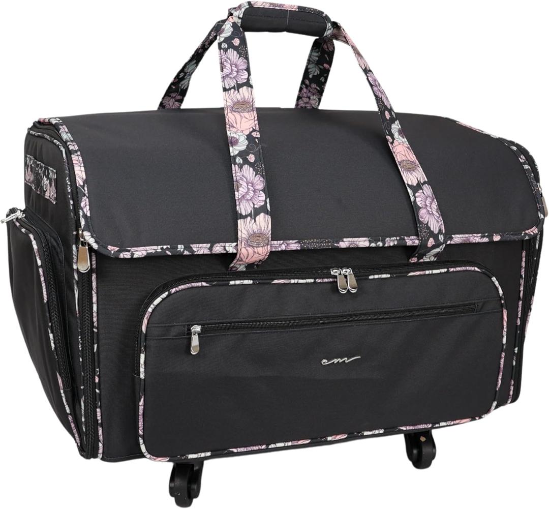 Everything Mary XXL Rolling Sewing Machine Case  Black & Floral Trim Wheeled Craft Bag  Spacious Organizer with 4 Wheels & Multiple Pockets for Sewing Supplies