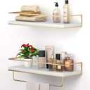 Shario White Floating Shelves - Set of 2, Wall Mounted Hanging Shelves with Golden Towel Rack, Decorative Storage Shelves for Bathroom, Kitchen, Living Room & Bedroom (White)
