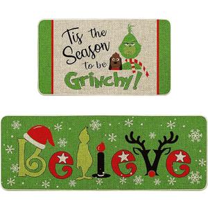 Christmas Kitchen Rugs and Mats Set of 2, Christmas Indoor Floor Mats Non-Slip Kitchen Mat Door Mat Runner Rug for Kitchen Home Christmas Decor 17" x 47"+17" x 29"
