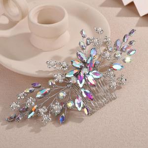 AB Color Crystal Pearl Flower Silver Hair Piece Wedding Bridal Handmade Hair Comb Handmade Jewelry for Banquet Prom (AB Color)