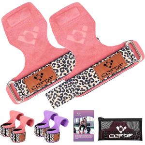 COFOF Weight Lifting Wrist Strap, Double Layer Leather Wrist Strap for Deadlift and Powerlifting, Adjustable Neoprene Padded Gym Workout Lifting Hooks (Pair) (Pink Leopard)