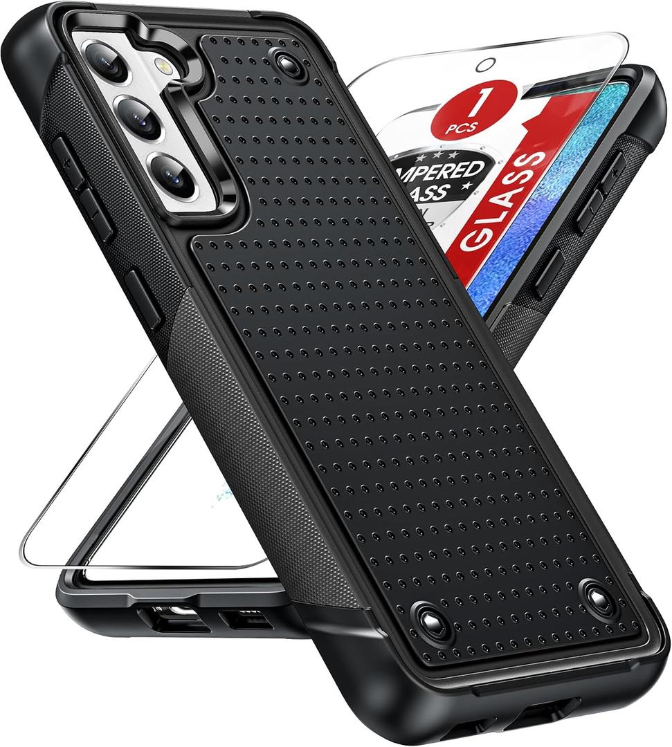 LeYi for Samsung-Galaxy-S21 FE Case: with Galss Screen Protector, Heavy Duty Dual Layer Shockproof Protective Rugged Hard PC Textured Back & Soft Bumper Cell Cover for Galaxy S 21 FE, Black