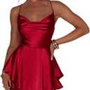Women's Sexy Backless Short Romper Satin Dress Cowl Neck Tie Ruffle Layer Spaghetti Strap Jumpsuit Beach Mini Dress (Red)