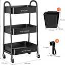 3 Tier Rolling Carts Metal Rolling Storage Cart Utility Carts with Lockable Wheels & Hanging Cups & Hooks Mobile Trolley Cart for Kitchen Bathroom Office Workshop