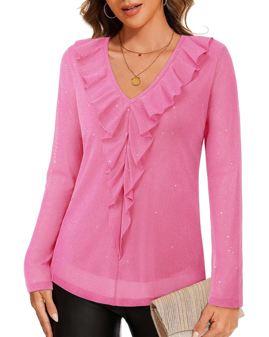 Gaharu Dressy Tops for Women Wedding Guest: Business Casual Top for Women Fall - Long Sleeve Tunic Tops to Wear with Leggings - V Neck Dressy Shirts for Work Office Wear Sparkly Pink L (Pink, L)