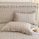 mixinni Vintage Ruffle Tan Gingham Comforter Set 3-Piece Washed Cotton Queen Beige Grid Bedding Set with Taupe Geometric Checkered Pattern, Farmhouse Chic Soft Fluffy Comforter for All-Season