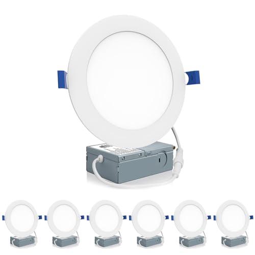 Meconard 6 Pack 6 Inch Ultra-Thin LED Recessed Ceiling Light, 5000K Daylight, Dimmable 12W=110W, 1050LM, IC Rated Can-Killer Downlights with Junction Box, ETL and Energy Star Listed