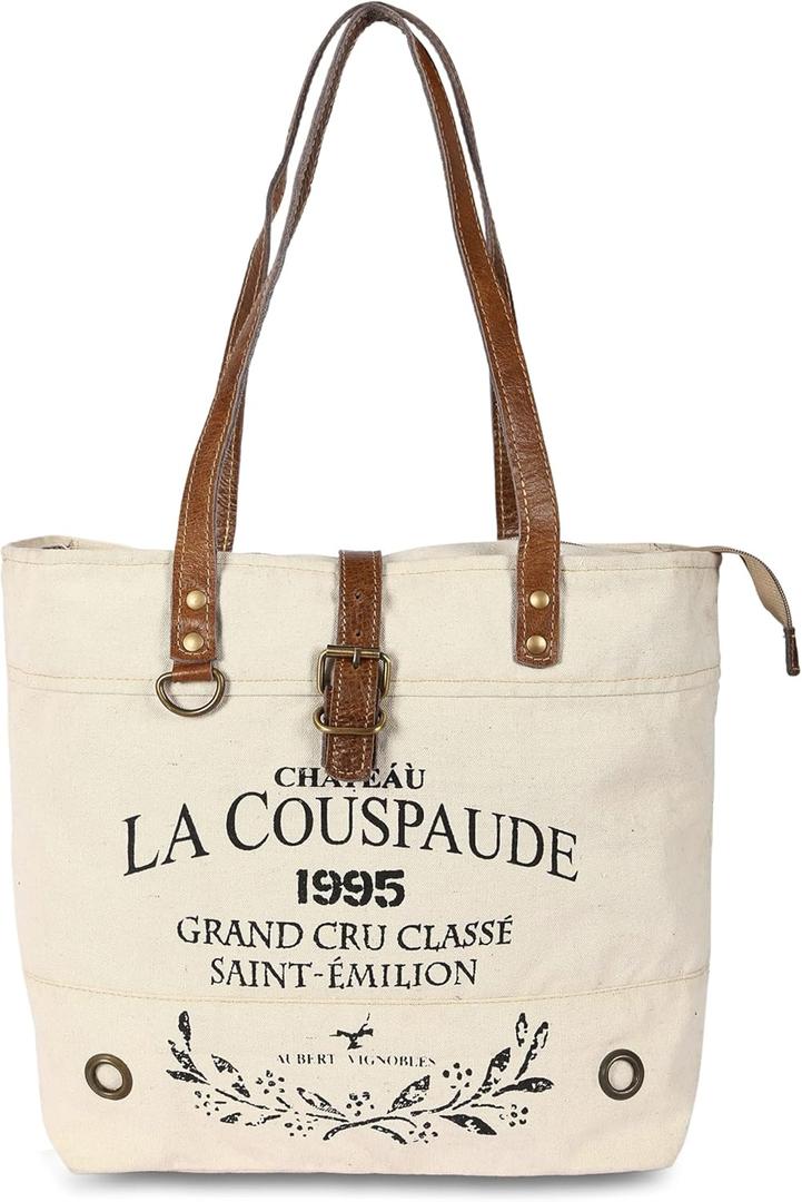 SEL de MER Upcycled Large Canvas shoulder Bag for women canvas tote boho handbag by KPL (White)