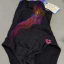 Arena Feel Girls' Parrot V Back Swimsuit Waterfeel Comfortable One Piece Suit Pool or Beach, US Size (28, Black/Dark Lavanda)