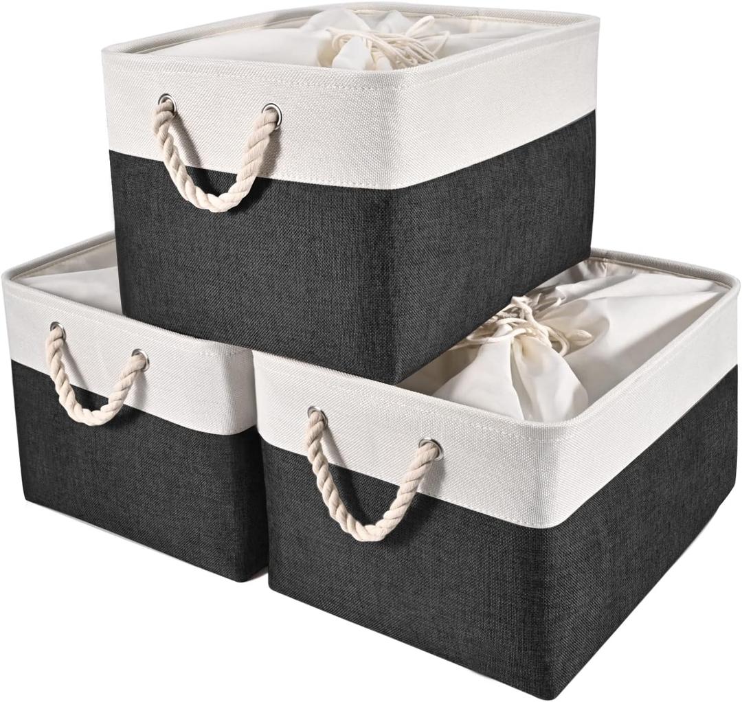 HOdo Home 3PCS Fabric Storage Bin with Drawstring Closure and 2 Bold Handles, Collapsible Large Canvas Storage Baskets for Organizing Shelf Nursery Home (White and Black, 15.8L11.8W9.5H) (15.811.89.5in/3-Pack)