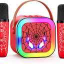 LED Karaoke Machine Toy: Mini Microphone for Kids 4 5 6 7 8 9 10 Year Old Boys Girls Toys Birthday Gifts Portable Bluetooth Speaker with 2 Wireless Mics for Adults Boy Girl Ages 3-12 (Red)
