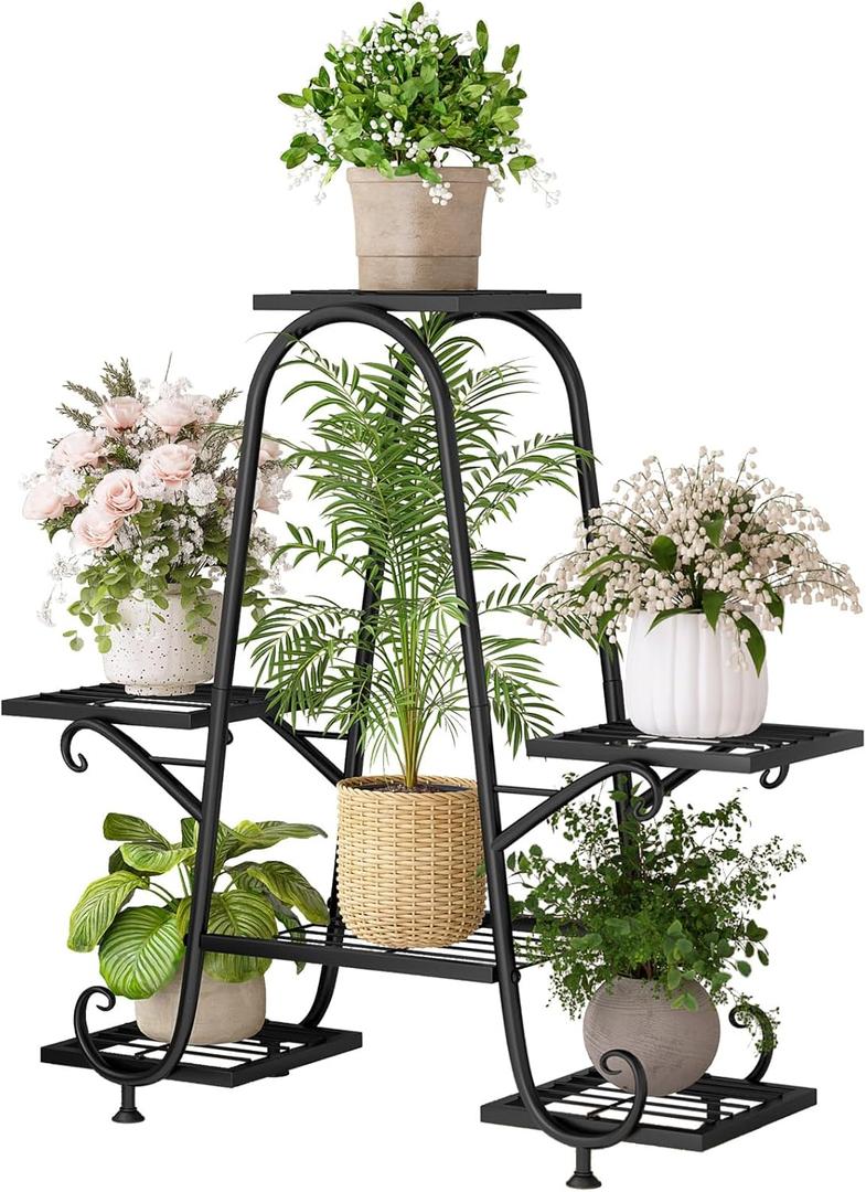INGIORDAR Plant Stand Indoor Outdoor Shelf Metal Holder Pot Rack Multiple Plants Stand Tall 6 Pot Flower Shelf Corner Living Room Garden,Black (Black, 6 Pots)