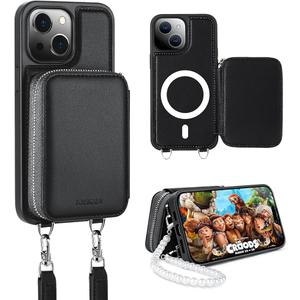 JOYSIDEA for iPhone 15 Plus Wallet Case, Magsafe Crossbody Magnetic Phone Case with Card Holder for Women, RFID Blocking Leather Handbag Purse with Wrist Strap Lanyard for iPhone 15 Plus 6.7", Black