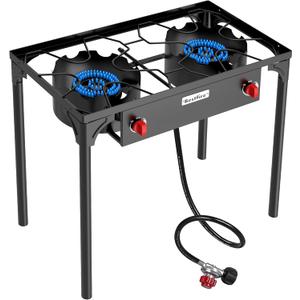 BESTFIRE 2 Burner Camping Stove,150,000 BTU High Pressure Outdoor Propane,4ft 20 PSI Adjustable Regulator Hose With Removable Legs for Backyard Cooking Camping Home