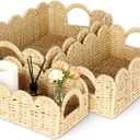 Hand Woven Paper Rope Scalloped Edge Decor Baskets for Home,Living Room, Bedroom,Storage over Above Behind Flush Tank,Toilet Basket,end Table,Shelves-Easily Fit with or Bedroom Decor,Set 3(Natural)