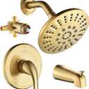 Shower Tub Faucet Sets Complete with Diverter, 5 Spray Settings, 6-Inch Bathtub Waterfall Handle Combo, 2.5 GPM High-Pressure Rain Shower Head System, Brushed Gold