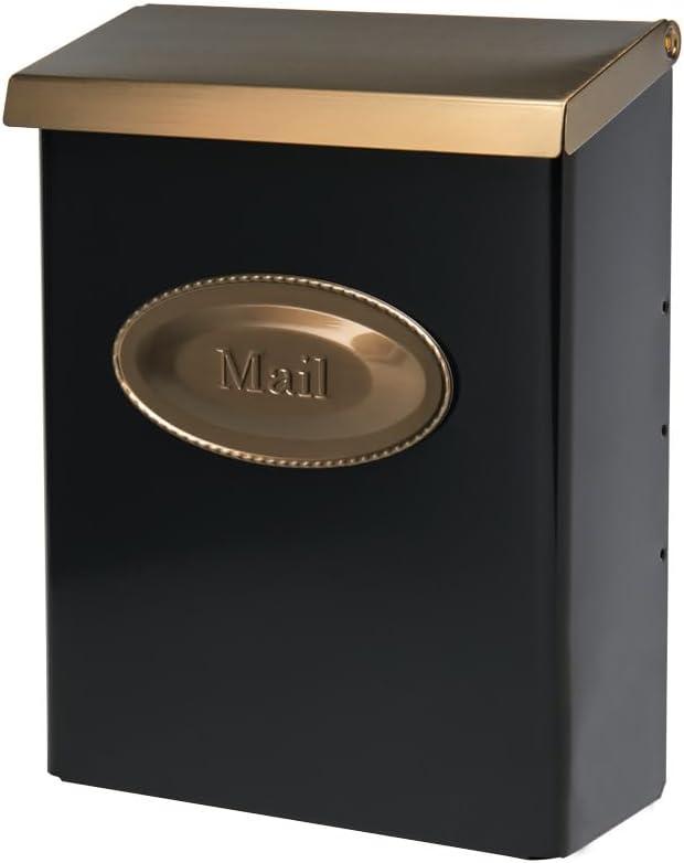 Architectural Mailboxes Designer Locking, Vertical Wall-Mounted Mailbox for Outside, Modern Metal Galvanized Steel Medium Mail Box with Lock and Key Drop Box, Black with Optional Mail Emblem (Black & Brushed Brass)