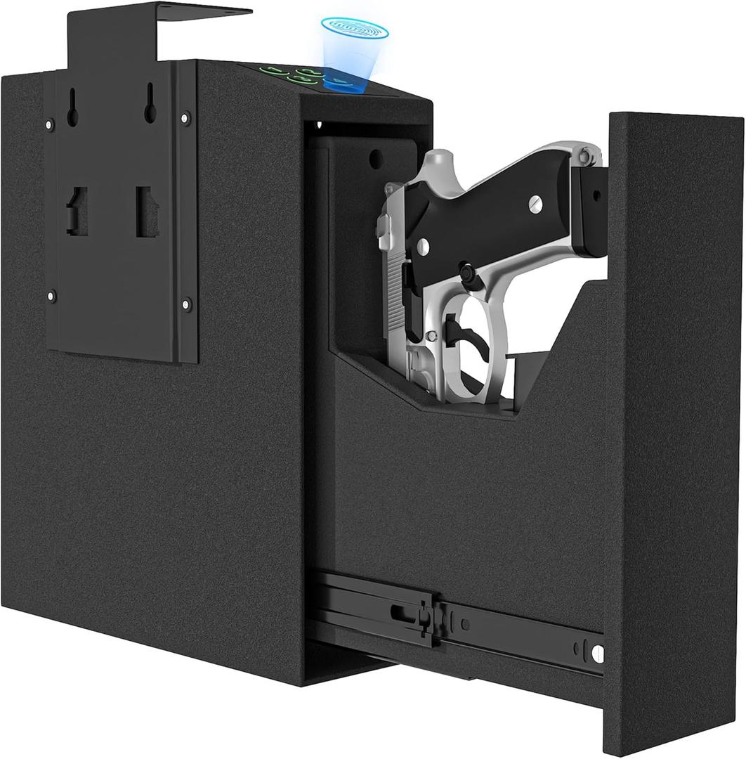 EAZEHOME Safe for Handgun, Slider Fingerprint Hand Safe for Quick Access, Auto Sliding Door for Pistol with Fingerprint, PIN Code, KEY Accesss, Lock Box for Nightstand