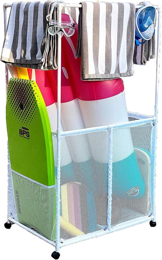 Pool Equipment Holder with Towel Drying Bars, Mesh Rolling Pool Storage Organizer Bin, Extra Large with Towel Hanger, (34.5" W x 25" L x 62.6" H), White Style 418566