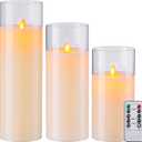 AKU TONPA Pack of 3 Flameless Candles Battery Operated Real Wax Glass Flickering LED Candle Sets with Remote Control Cycling 24 Hours Timer (3" x 8" 10" 12")