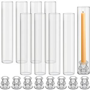 Teenyyou 8 Set Glass Hurricane Candle Holders 12.6" Open Ended Glass Candleholder Tube Shape Bottomless and 2.2" Taper Clear Candlestick Holders for Valentine's Day Wedding Table Centerpiece (Clear)